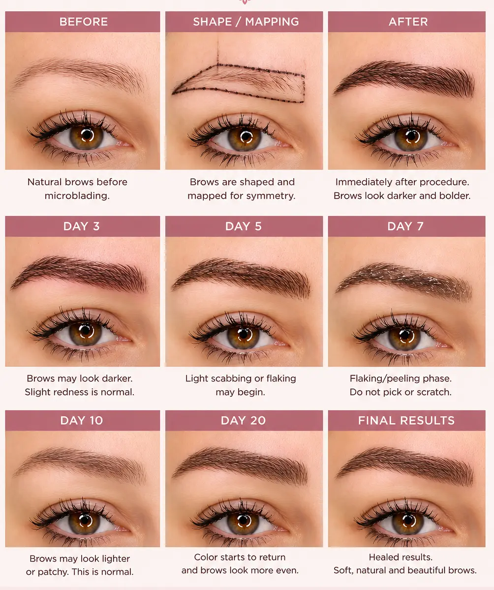 Microblading Healing Timeline with before, day-by-day healing progress, and final healed eyebrows at Karmina Beauty Clinic.