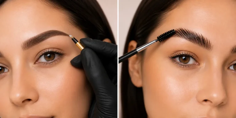 Microblading vs brow lamination comparison showing a microblading treatment with a handheld blade and a brow lamination treatment using a spoolie brush.
