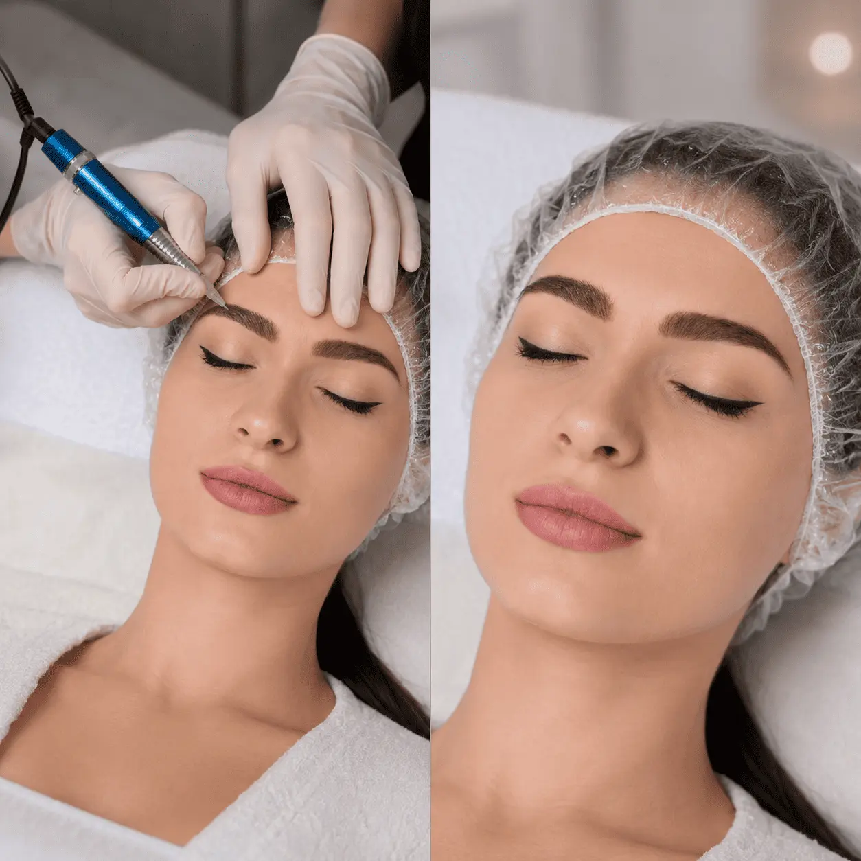 Before-and-after microblading eyebrow treatment showing a technician performing eyebrow pigmentation with a handheld device and the client's natural-looking, defined brows after the procedure.