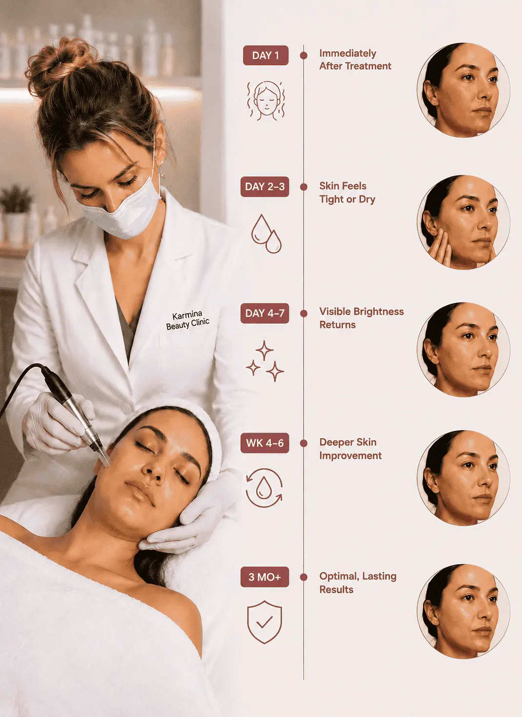 Microneedling recovery timeline infographic showing a skincare professional performing treatment and the expected healing stages from Day 1 through 3+ months, including immediate recovery, skin hydration, brighter complexion, improved texture, and long-lasting skin rejuvenation.