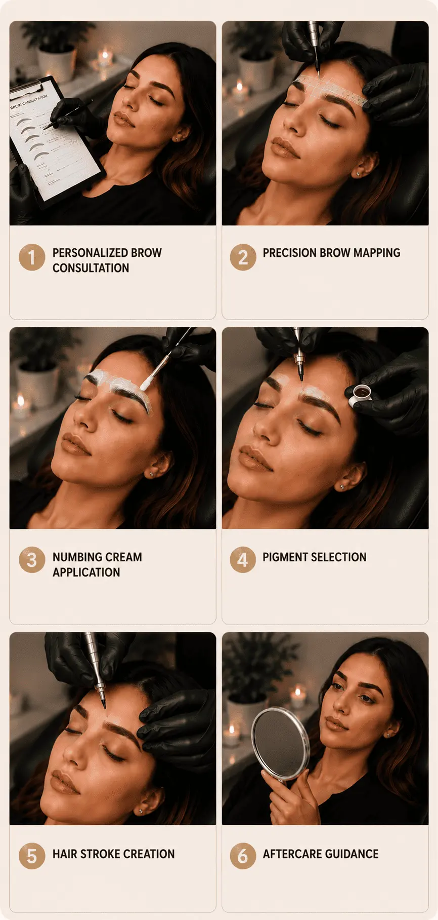 Six-step microblading process infographic showing a personalized brow consultation, precision brow mapping, numbing cream application, pigment selection, hair stroke creation, and aftercare guidance for natural-looking eyebrows.
