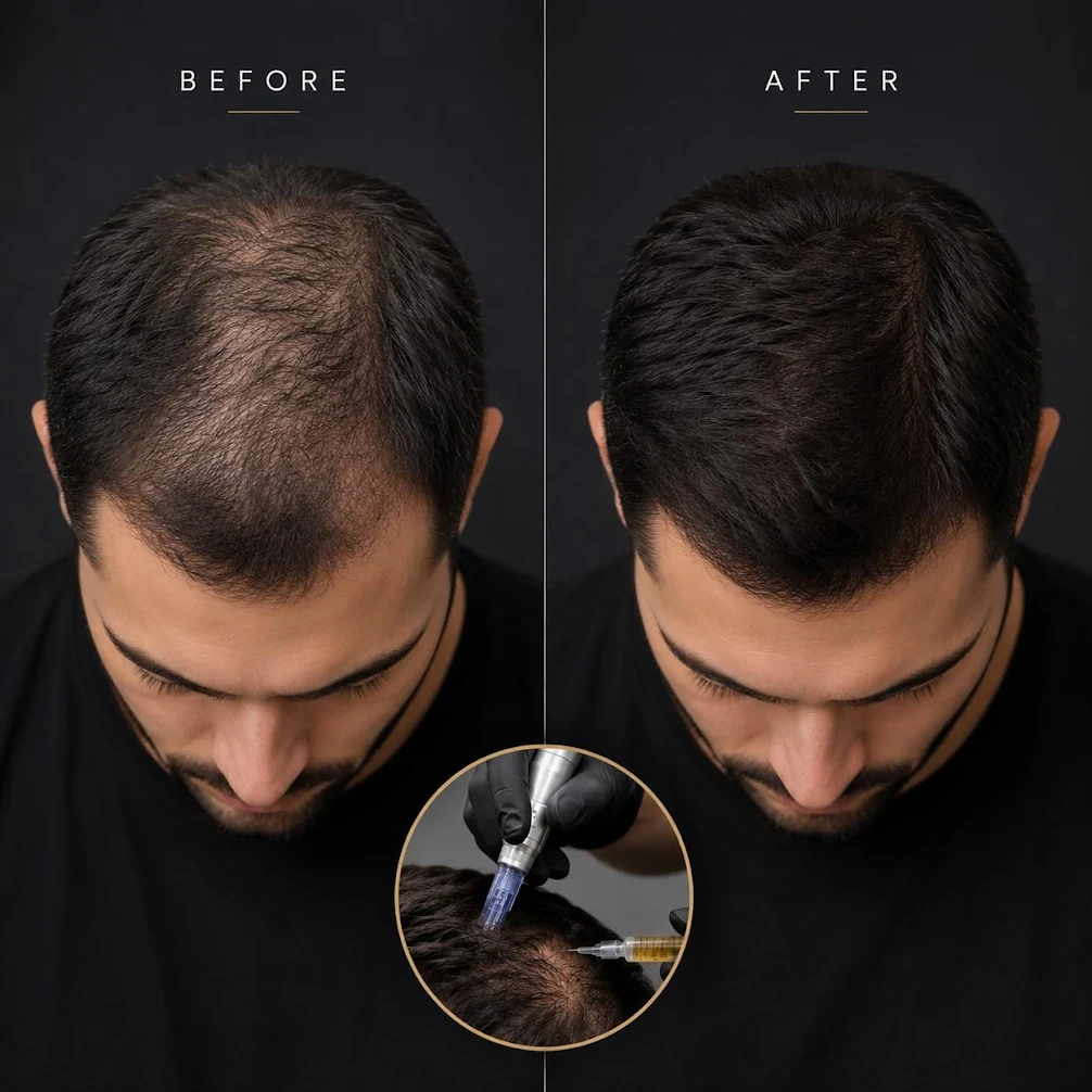 Before and after PRP hair restoration treatment showing significant improvement in hair density and scalp coverage on the top of a man's head, with an inset image of the PRP microneedling procedure being performed.