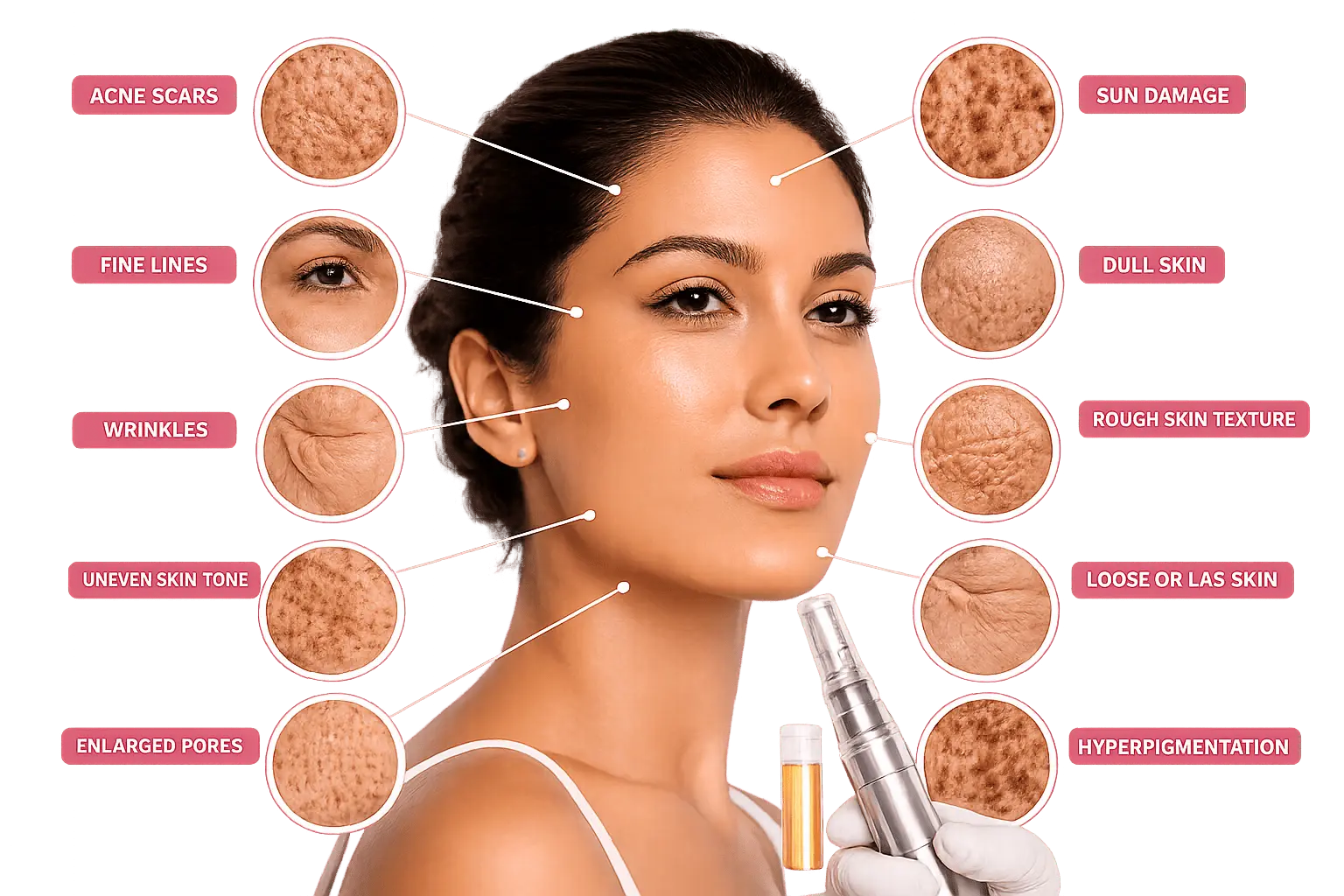 Illustration highlighting common skin concerns treated with microneedling, including acne scars, fine lines, wrinkles, uneven skin tone, enlarged pores, sun damage, dull skin, rough skin texture, loose skin, and hyperpigmentation.