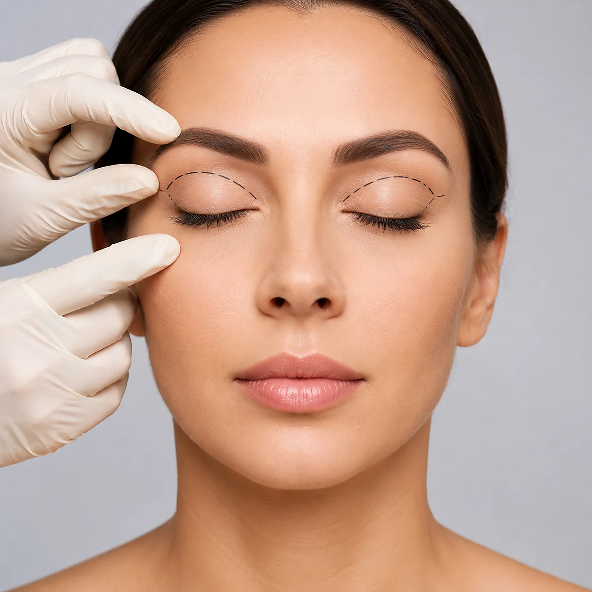 Woman receiving a non-surgical eyelid treatment around the eyes from a beauty professional.