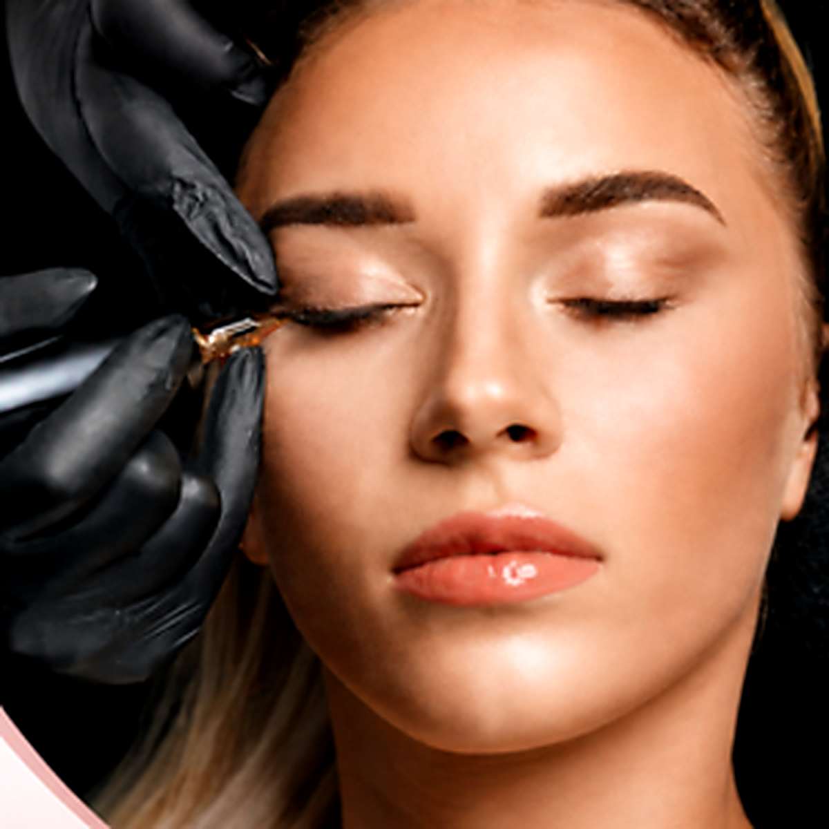 Woman receiving a cosmetic eyelid treatment with a professional using a fine tool near her upper eyelid