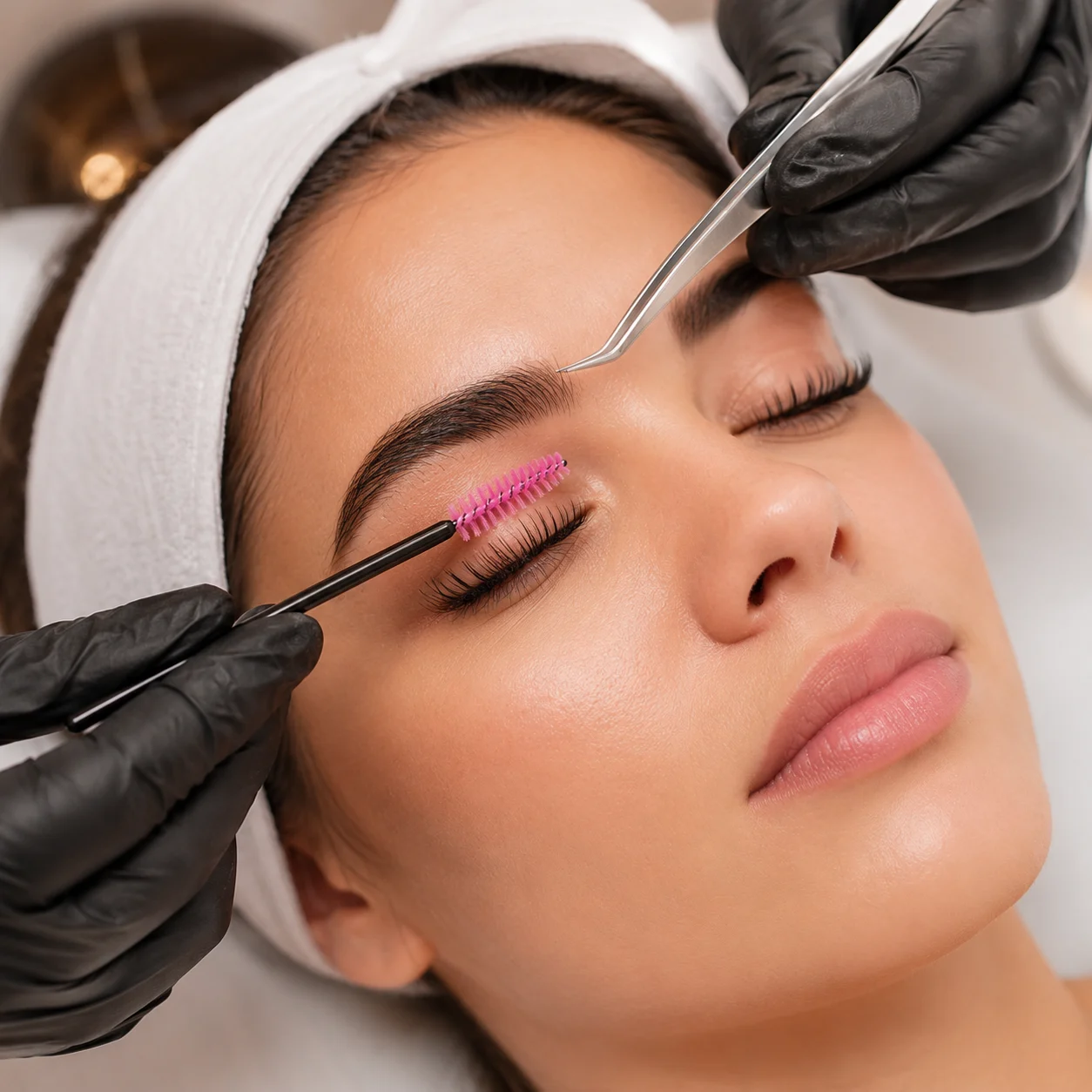 Woman receiving a professional lash lift treatment with a pink lash brush and precision tool.