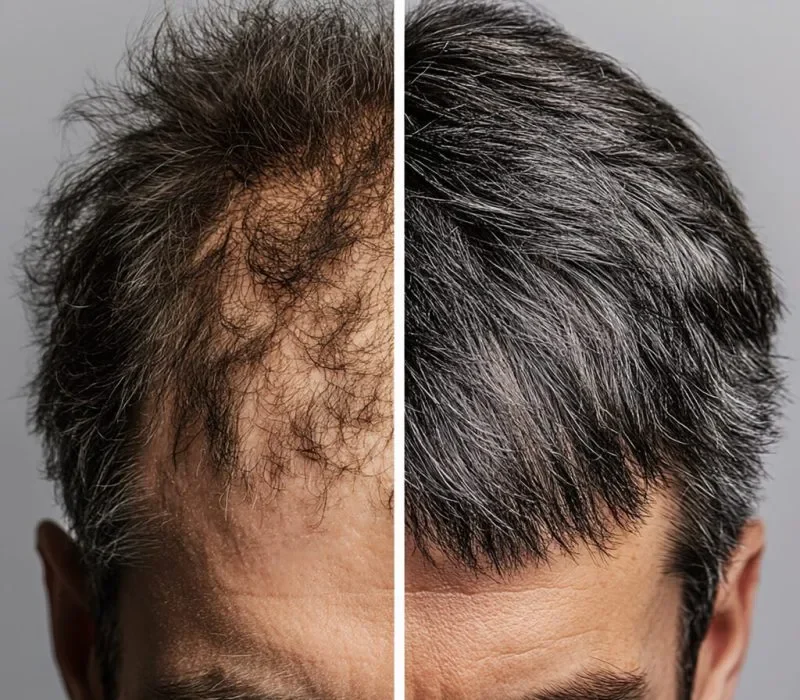 Before and after PRP hair restoration showing thicker, fuller hair with reduced thinning and improved scalp coverage.