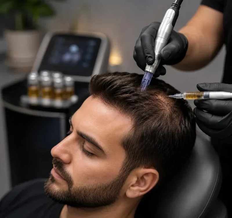 PRP hair restoration procedure with microneedling and scalp injections to promote natural hair growth and thicker hair.